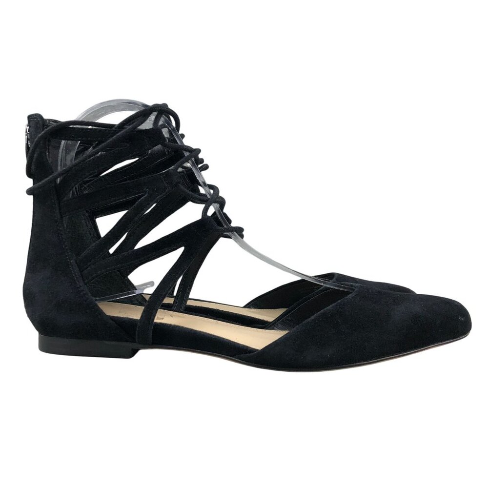Via Spiga Women's Size 7.5M Black Leather Suede Pointed Toe Lace-Up Flat Sandals